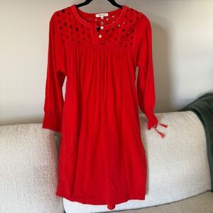 Madewell Eyelet Daybreak Linen Blend Dress XS Red Coral Tassel Cuff Boho